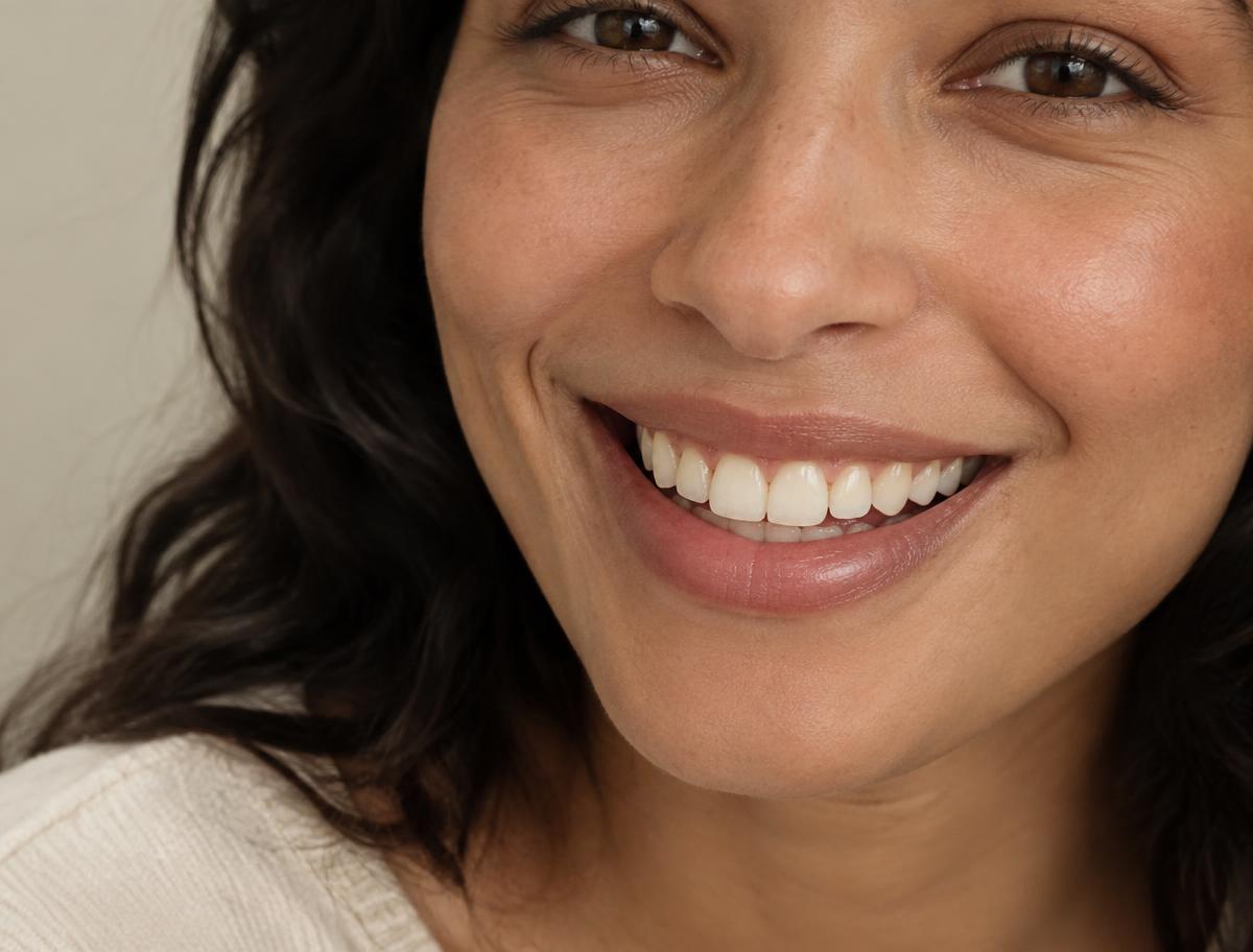 Detalhe de um sorriso natural e saudável de mulher adulta