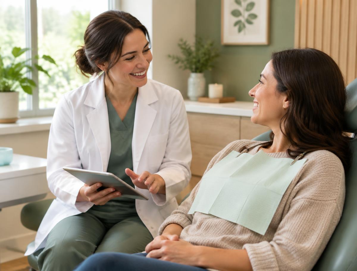 Dentista conversando com paciente em consultório moderno e acolhedor