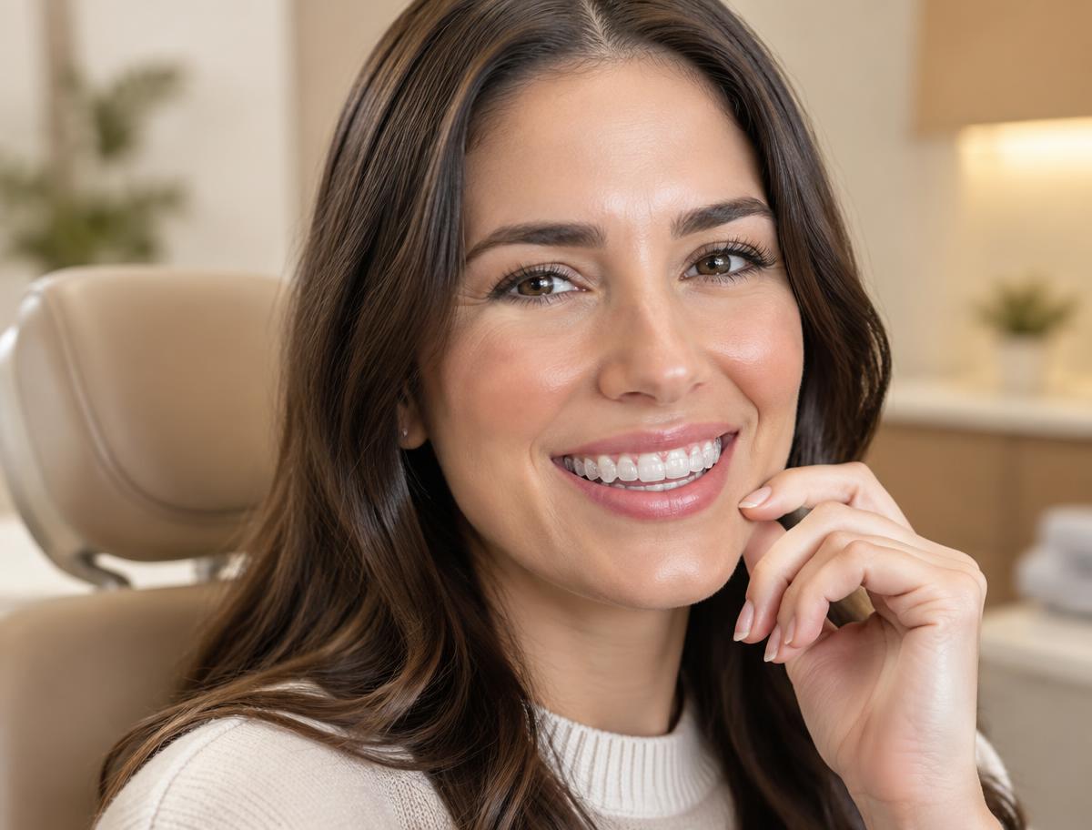 Paciente adulta sorrindo com alinhador ortodôntico transparente